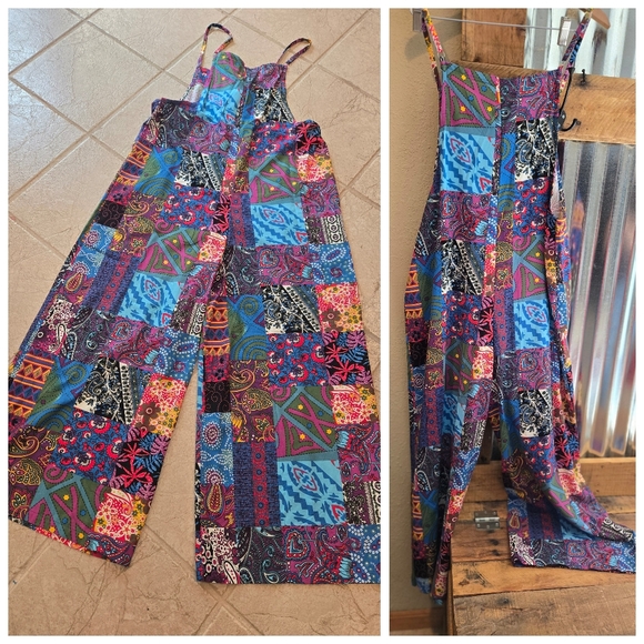 Pants - Bright Geo-patch Overalls Jumpsuit L Wide Leg New